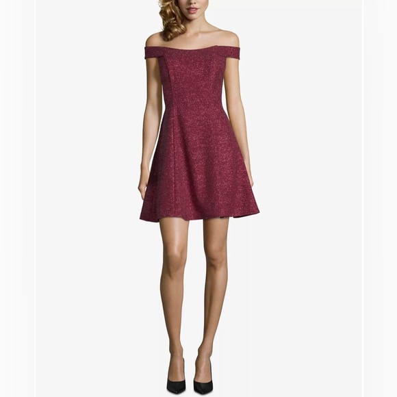 Betsy & Adam's Off-The-Shoulder Glitter Formal Wedding Prom Homecoming Red Dress - Picture 2 of 10